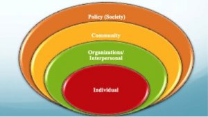 A visual depiction of the socioecological model in which 4 circles overlap. The innermost circle states, "Individual", a larger circle envelopes it and states "organizational/interpersonal", a third circle envelopes both of these two circles and is labeled "community", the final largest enveloping circle contains all circles and states "policy (society)".