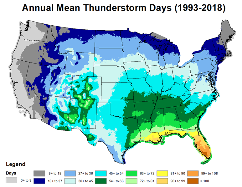 Annual number of thunderstorm days in the U.S. From: Koehler, Thomas L., 2019: Cloud-to-Ground Lightning Flash Density and Thunderstorm Day Distributions over the Contiguous United States Derived from NLDN Measurements: 1993-2018. Under review at Monthly Weather Review. Used by permission.