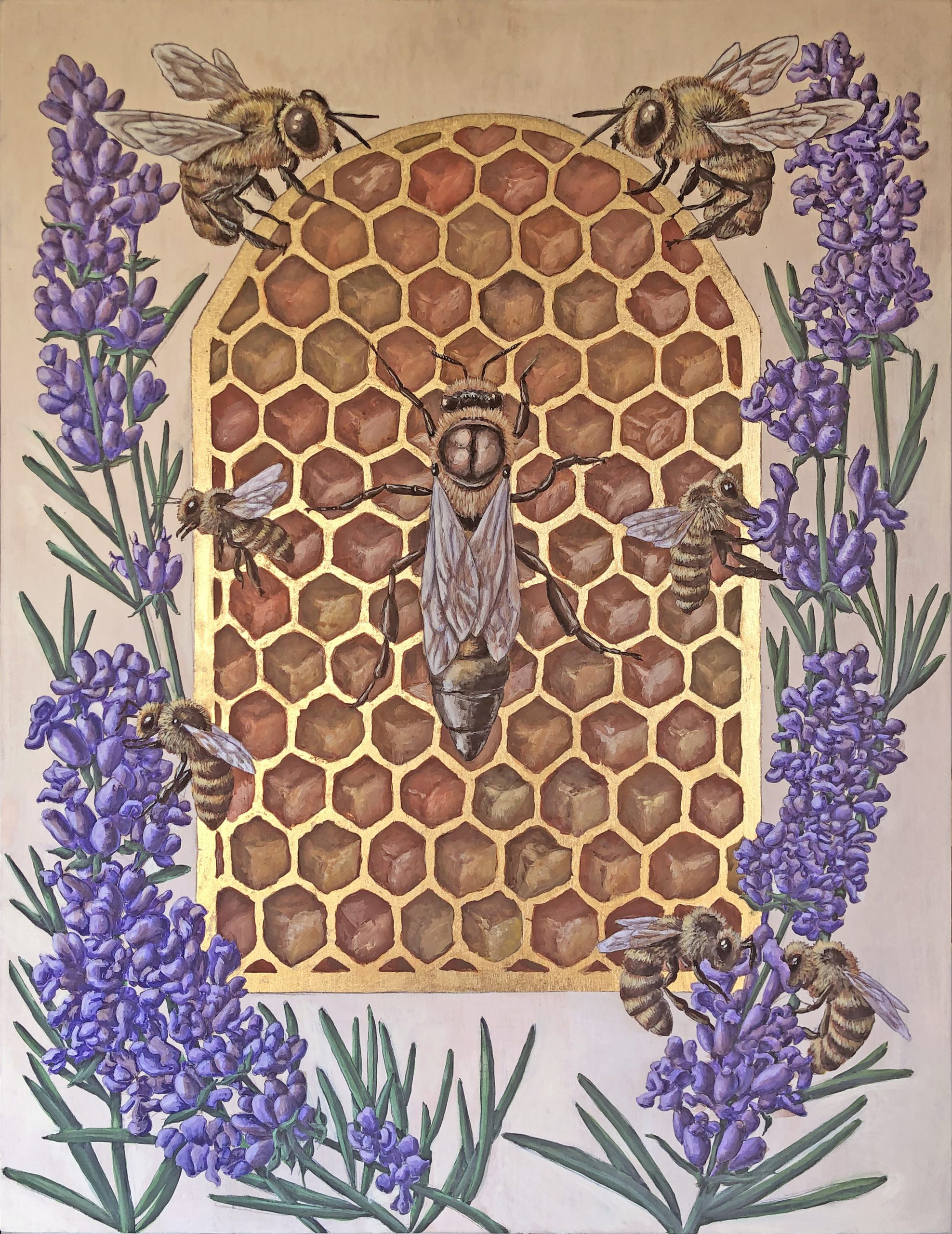 Picture of bees surrounding a honeycomb and flowers