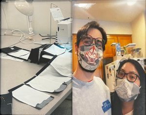 Two photographs: one of a sewing setup with unfinished masks and a sewing machine; the other with two people wearing fabric masks