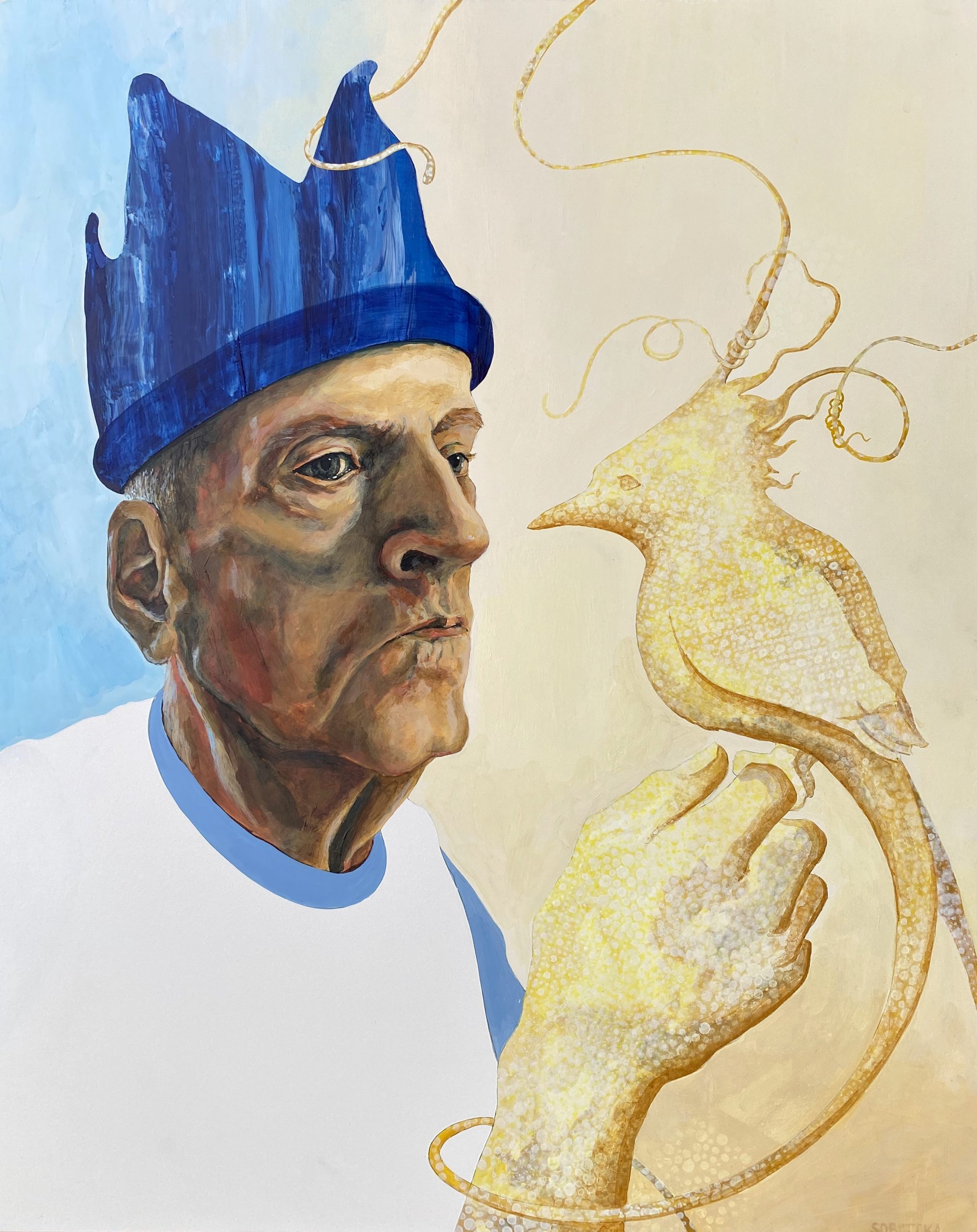Portrait of a man with a blue crown holding up a golden bird