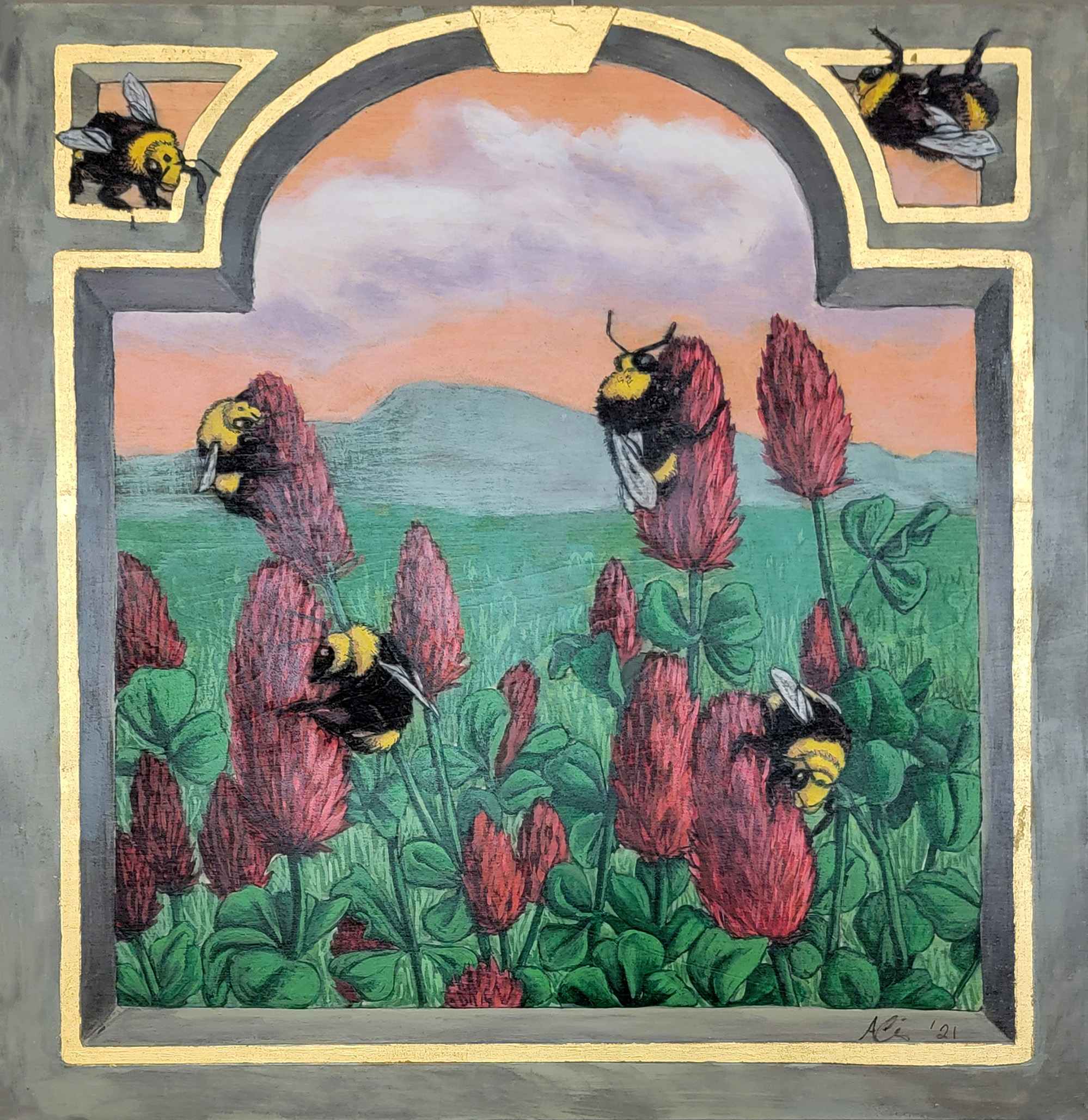A picture of bees on flowers