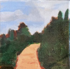 Acrylic painting of a trail with a blue cloudy sky and green foliage around the trail