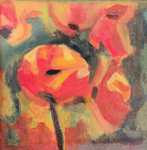 Acrylic painting of a red poppy surrounded by red petals and a green background