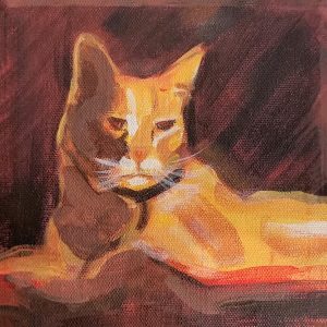 Acrylic painting of an orange cat with a red background