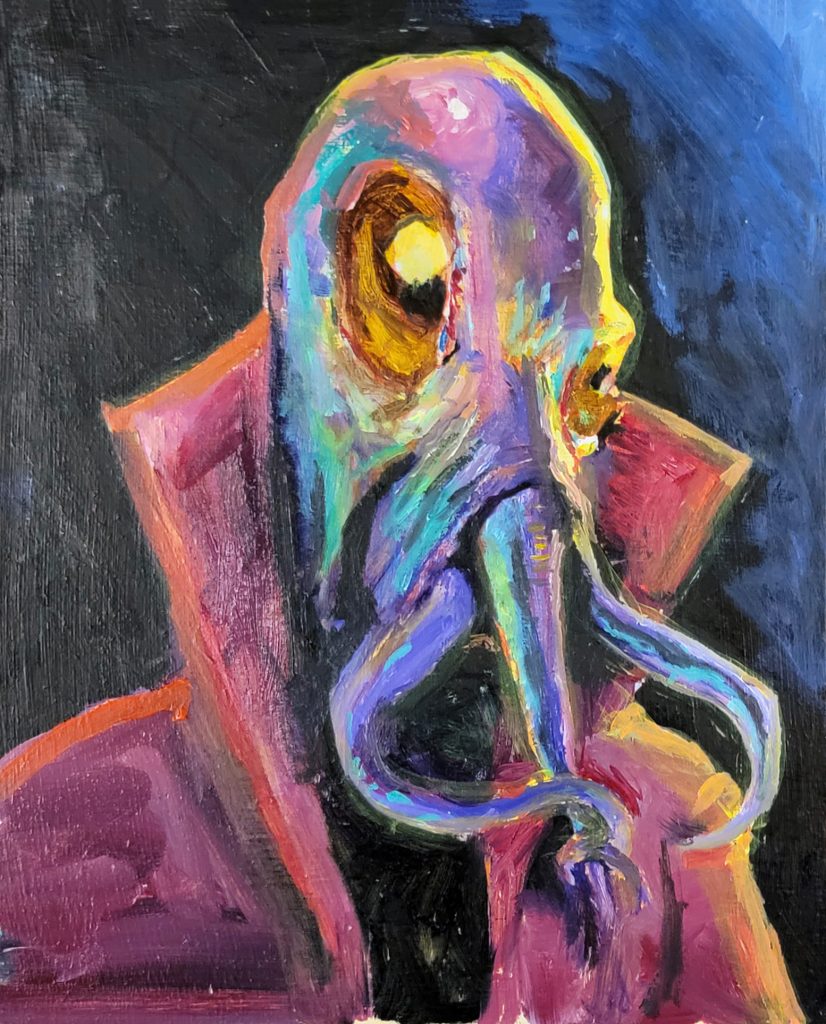 Acrylic painting with many colors of a mindflayer alien in a red jacket against a dark blue and black background