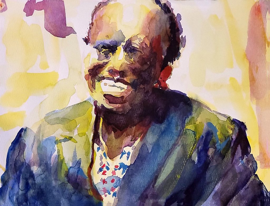 Watercolor painting of a smiling black man in a blue jacket and a patterned shirt