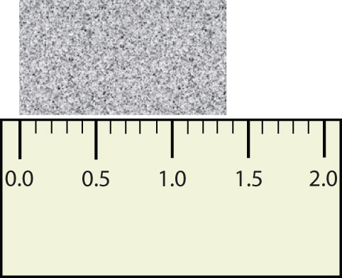 A rectangle is between 1.3 and 1.4 cm wide.