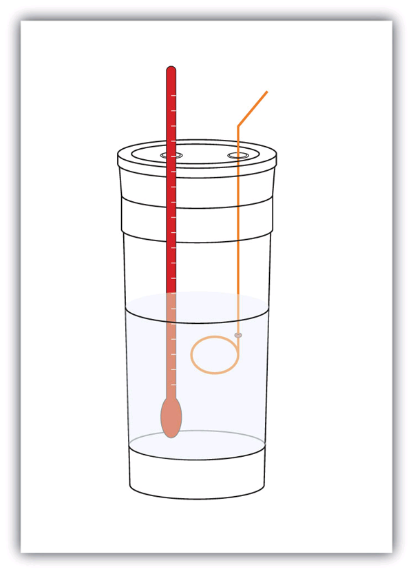 A thermometer and a stirrer stick out of the cover of some nested coffee cups.