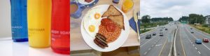 Colourful shampoo bottles; a full English breakfast; a highway.