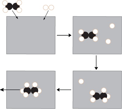 Heterogeneous catalysis mechanisms of reaction for ethene with hydrogen on a catalytic metal surface.