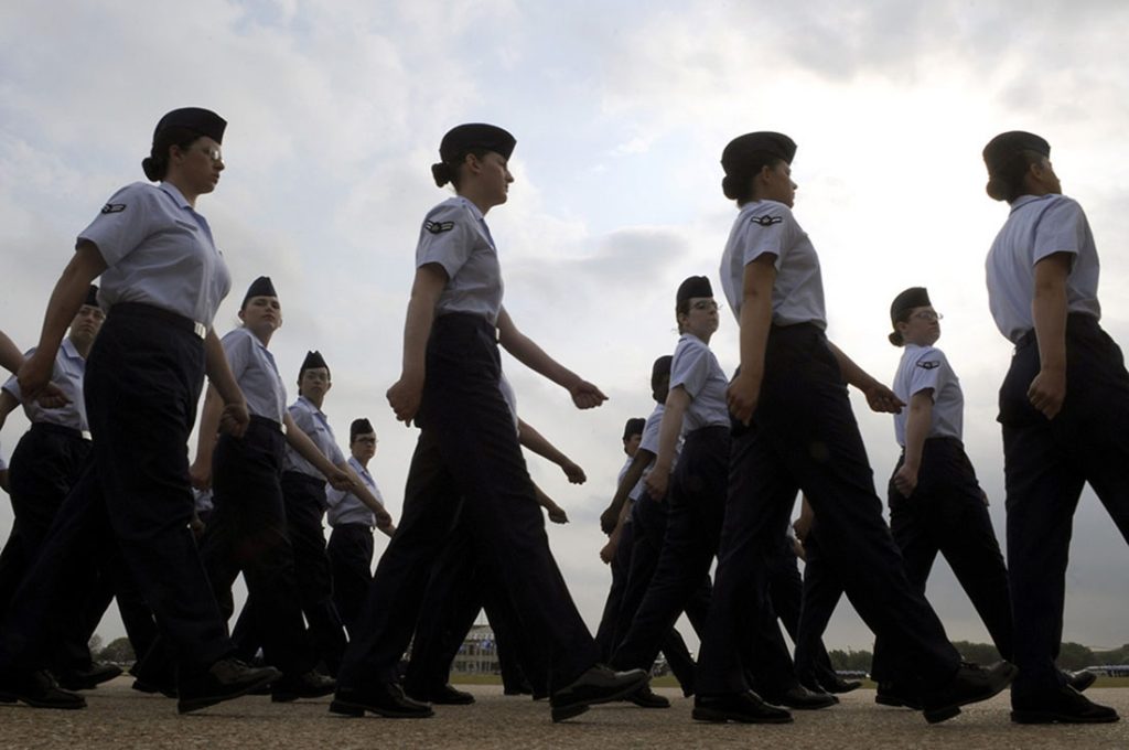 female soldiers marching
