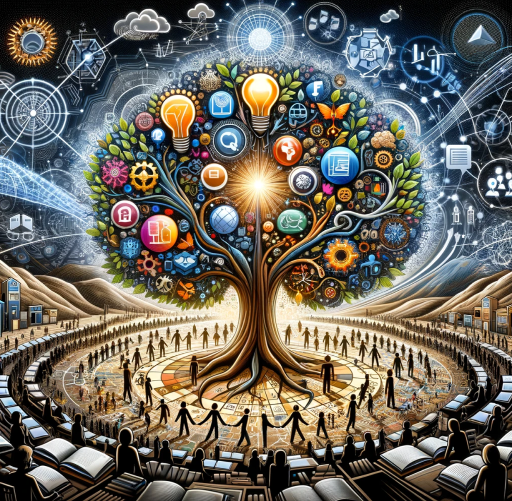 An image representing the key literacies with a tree and various educational symbols