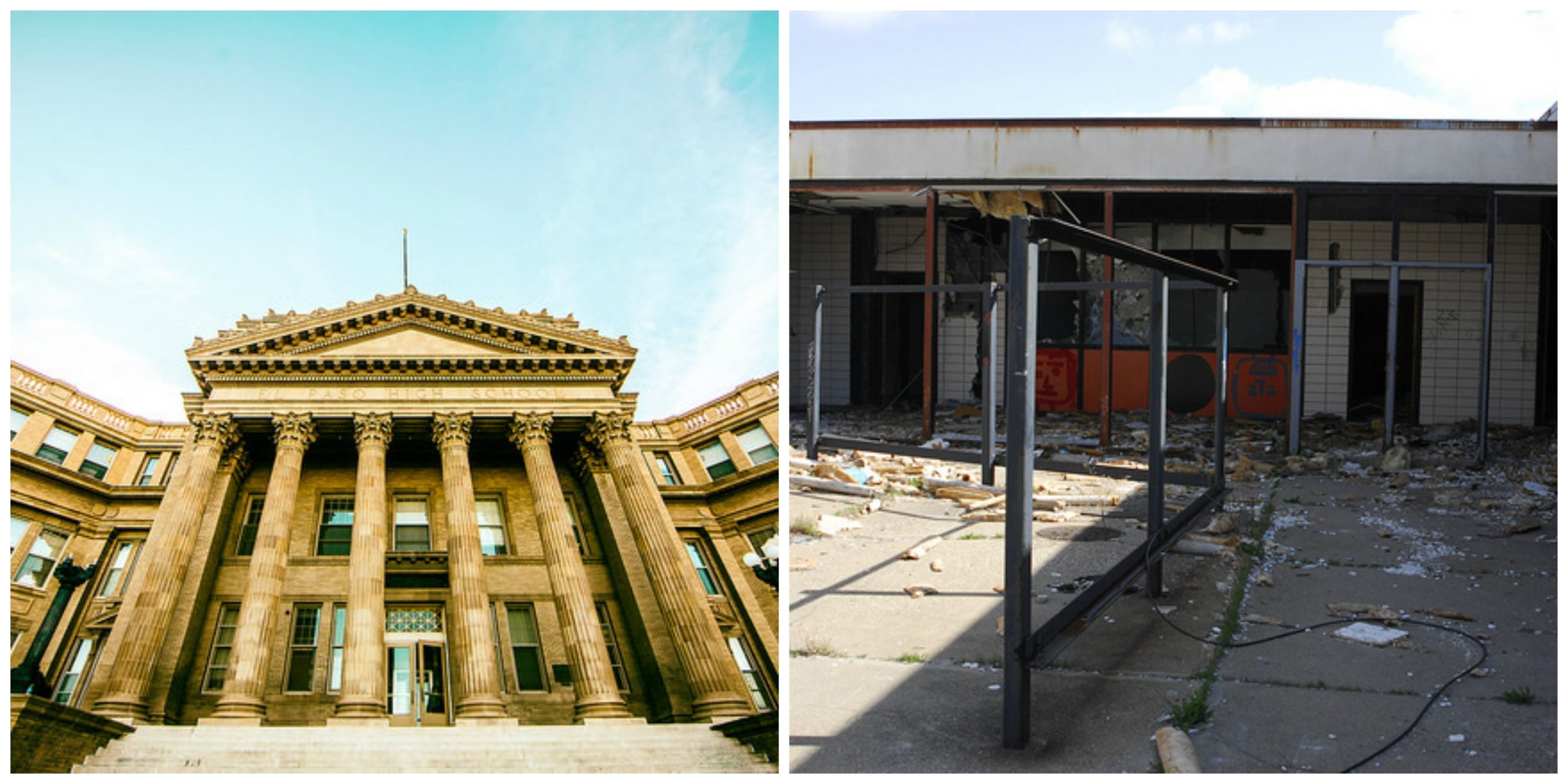 A collage of a thriving El Paso High School with boat loads of money, and a Detroit school that has since been shut down and nearly destroyed