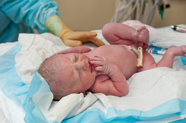 A baby in the hospital shortly after delivery