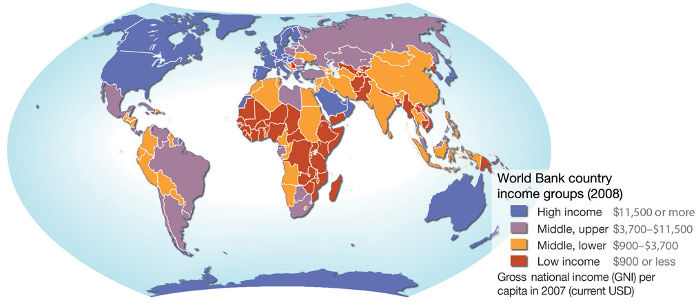 A map of Global Stratification. High income countries include the United States, Antartica, Canada, Greenland, Australia, Iraq, and much of western Europe. Low income countries include must of central Africa and the middle east.