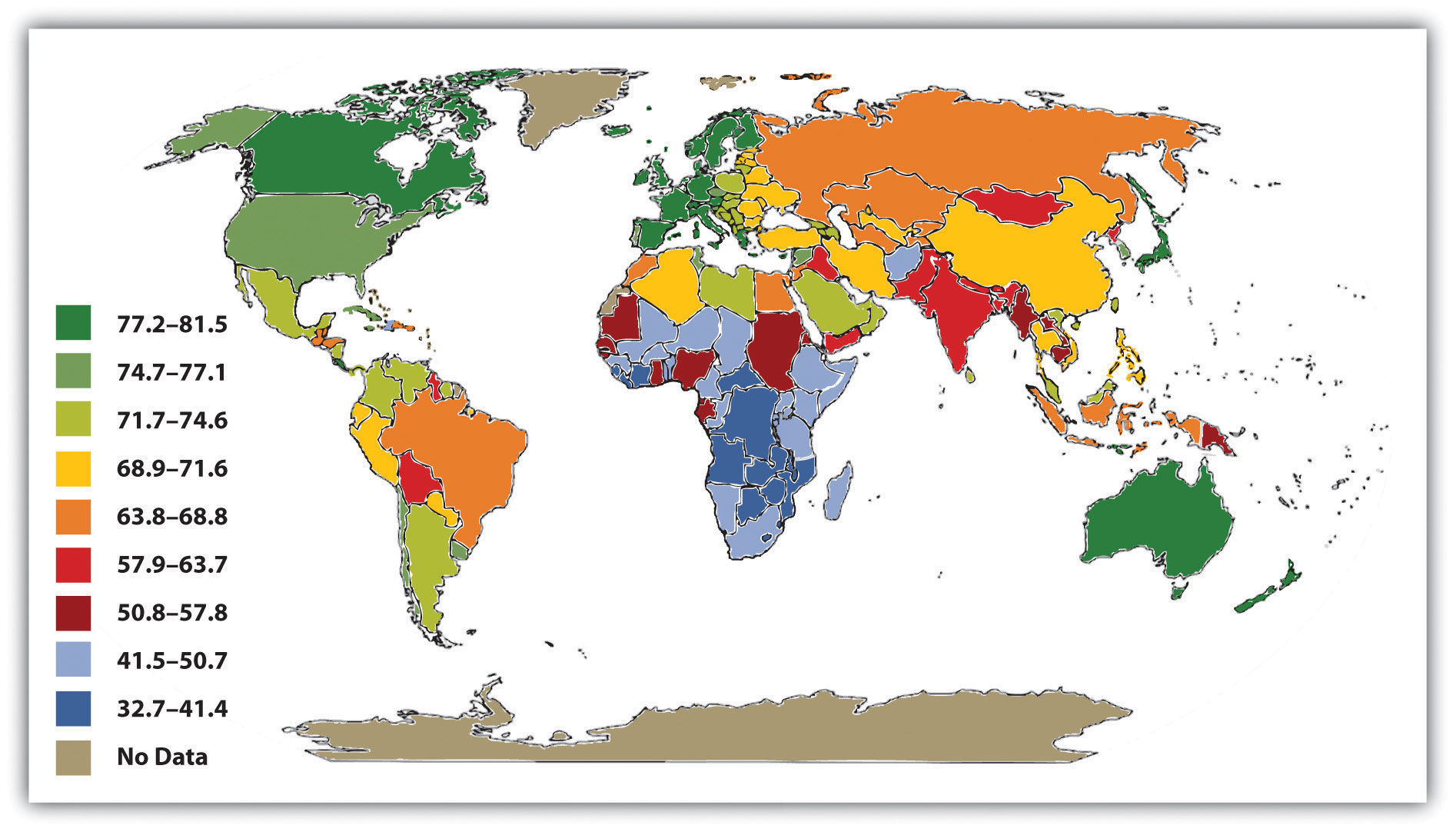 Average Life Expectancy across the Globe. Higher life expectancies are seen in the United States, Canada, Australia, and much of western Europe. Lower life expectancies are seen in Japan, and the majority of Africa.