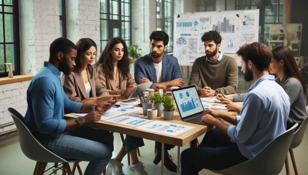 A group of people strategizing in conversation over a round table.