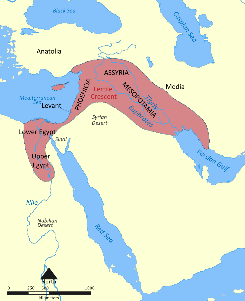 Map of the ancient Near East showing shaded area of the Fertile Crescent which includes parts of Egypt, Phoenicia, Assyria and Mesopotamia