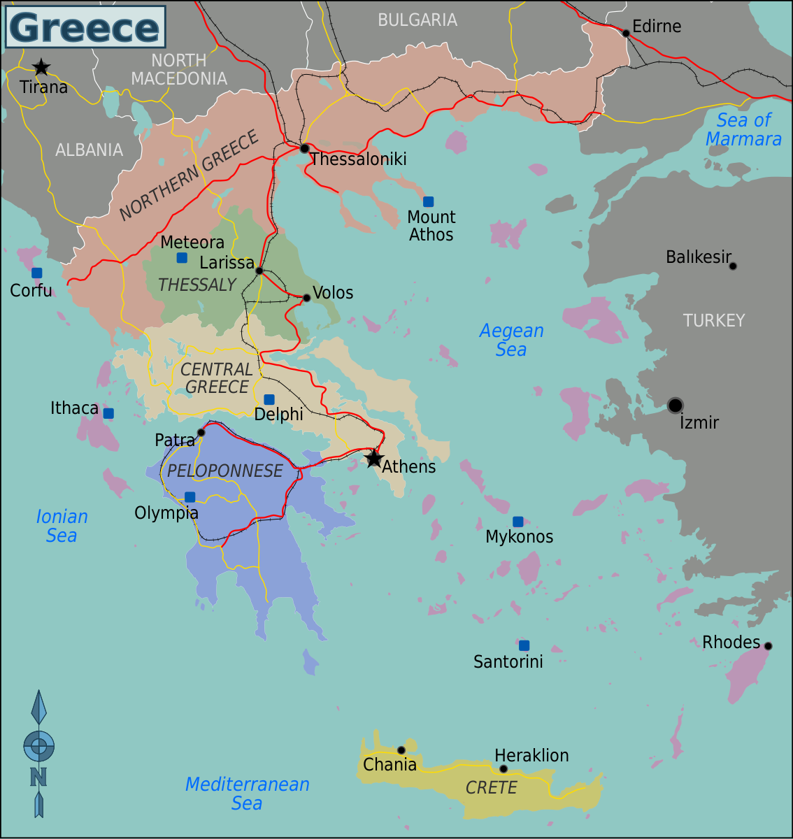 Map of Greece showing major cities and ancient regional divisions