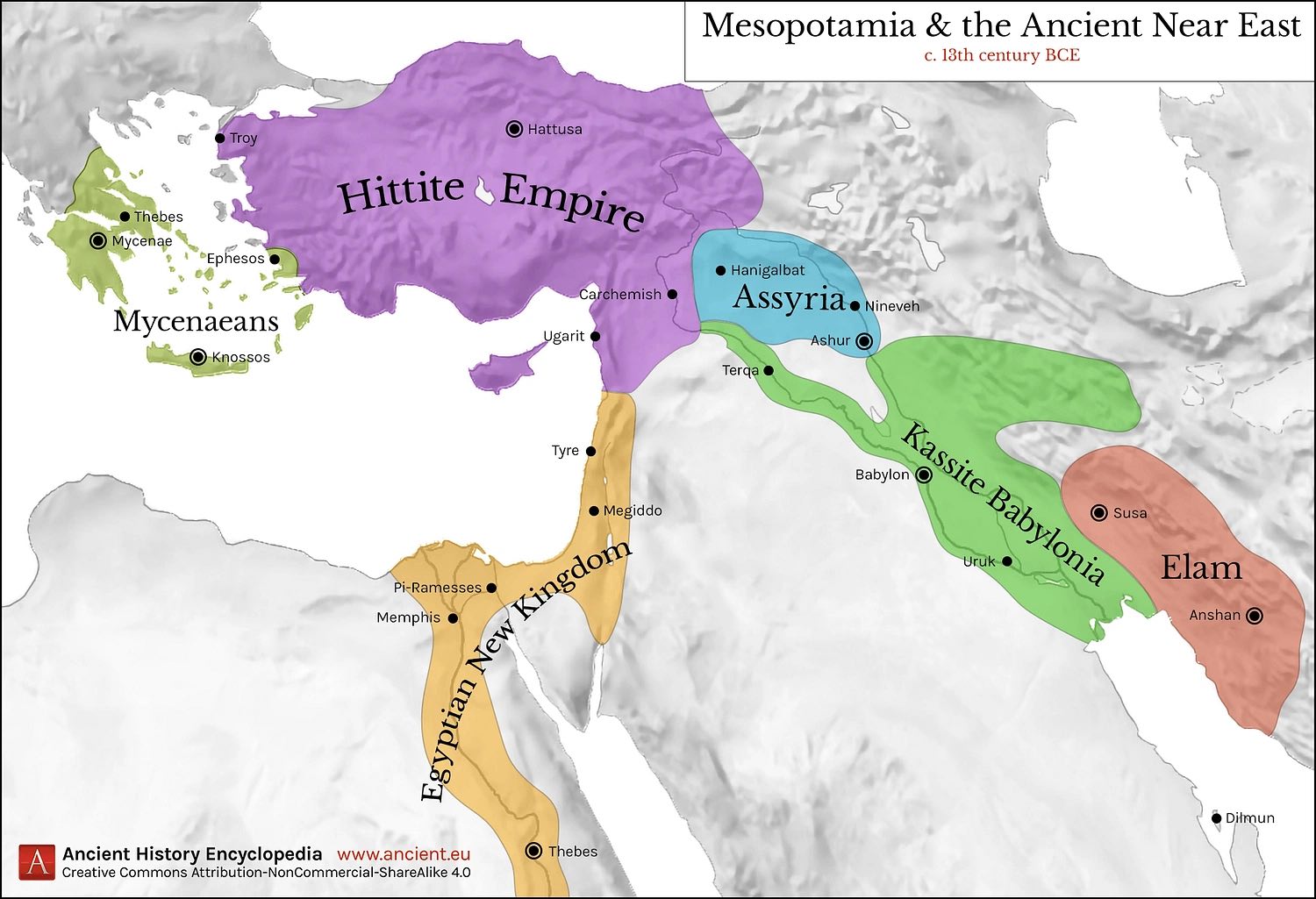 Map of the Near East showing the borders of major ancient empire including Hittites, Egypt, Assyria, Babylonia and Elam