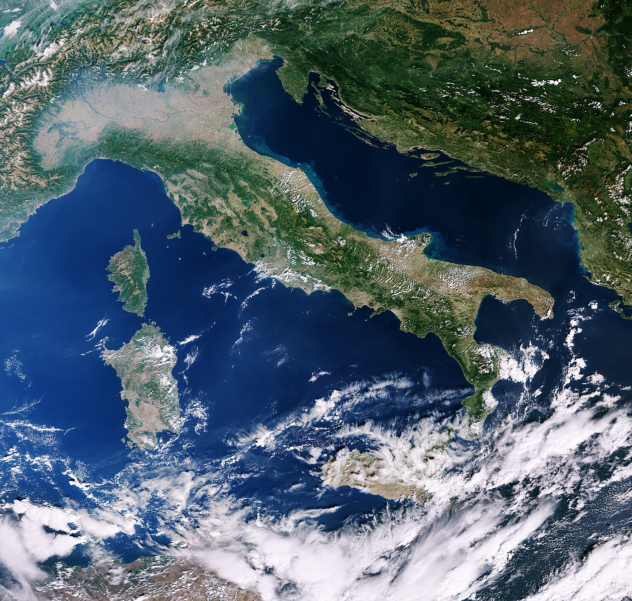 View from space of Italian peninsula and surrounding island of Mediterranean Sea