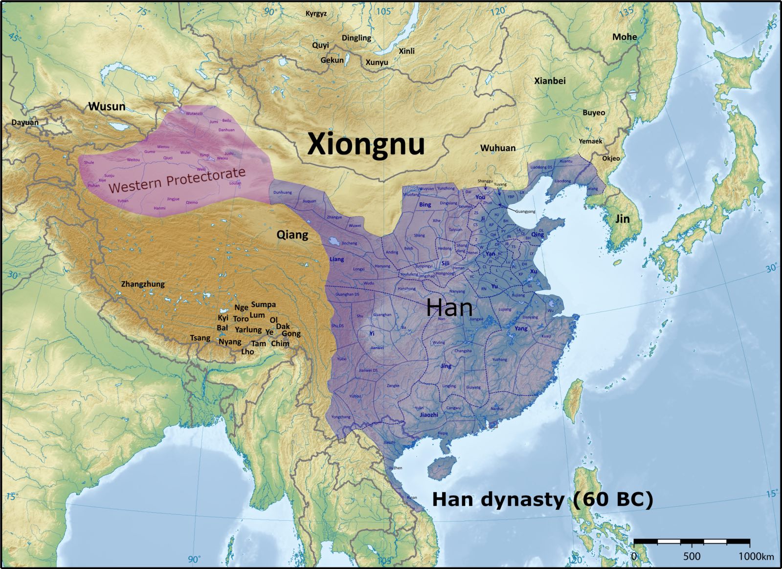 Map of China showing borders of the Han Dynasty through color shading