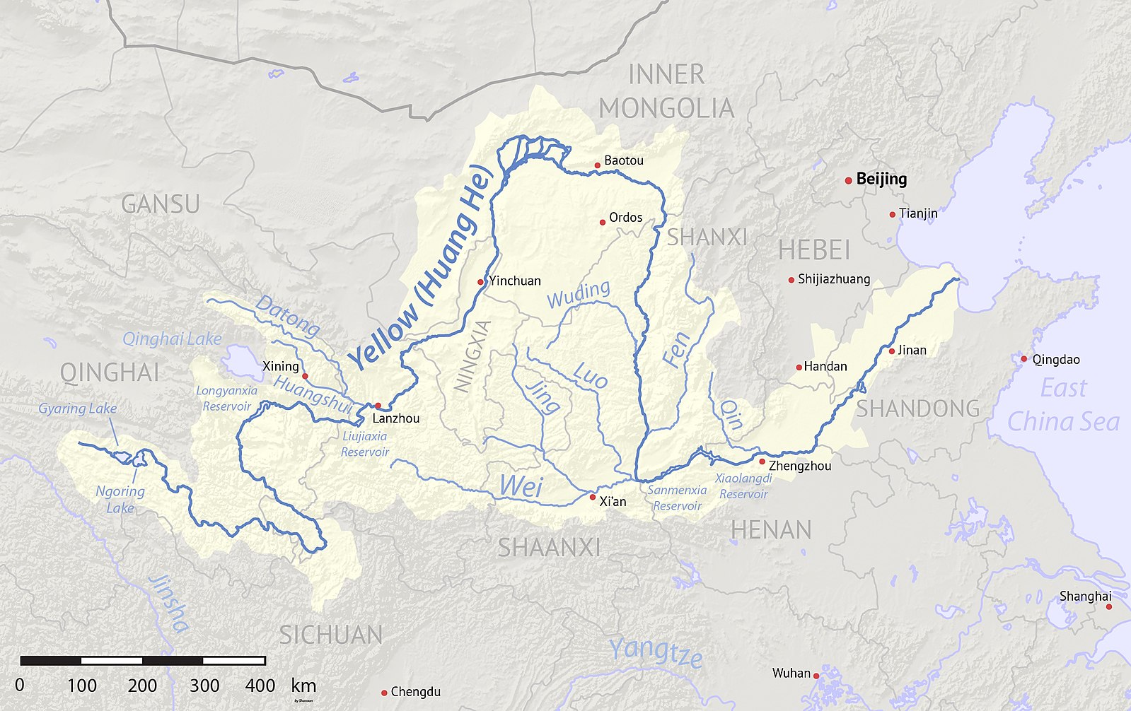 Map showing the course of the Yellow River and showing through shading the river's watershed regions.