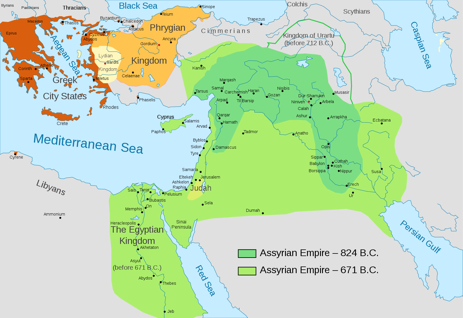 Map of ancient Near East indicating borders of the Assyrian Empire