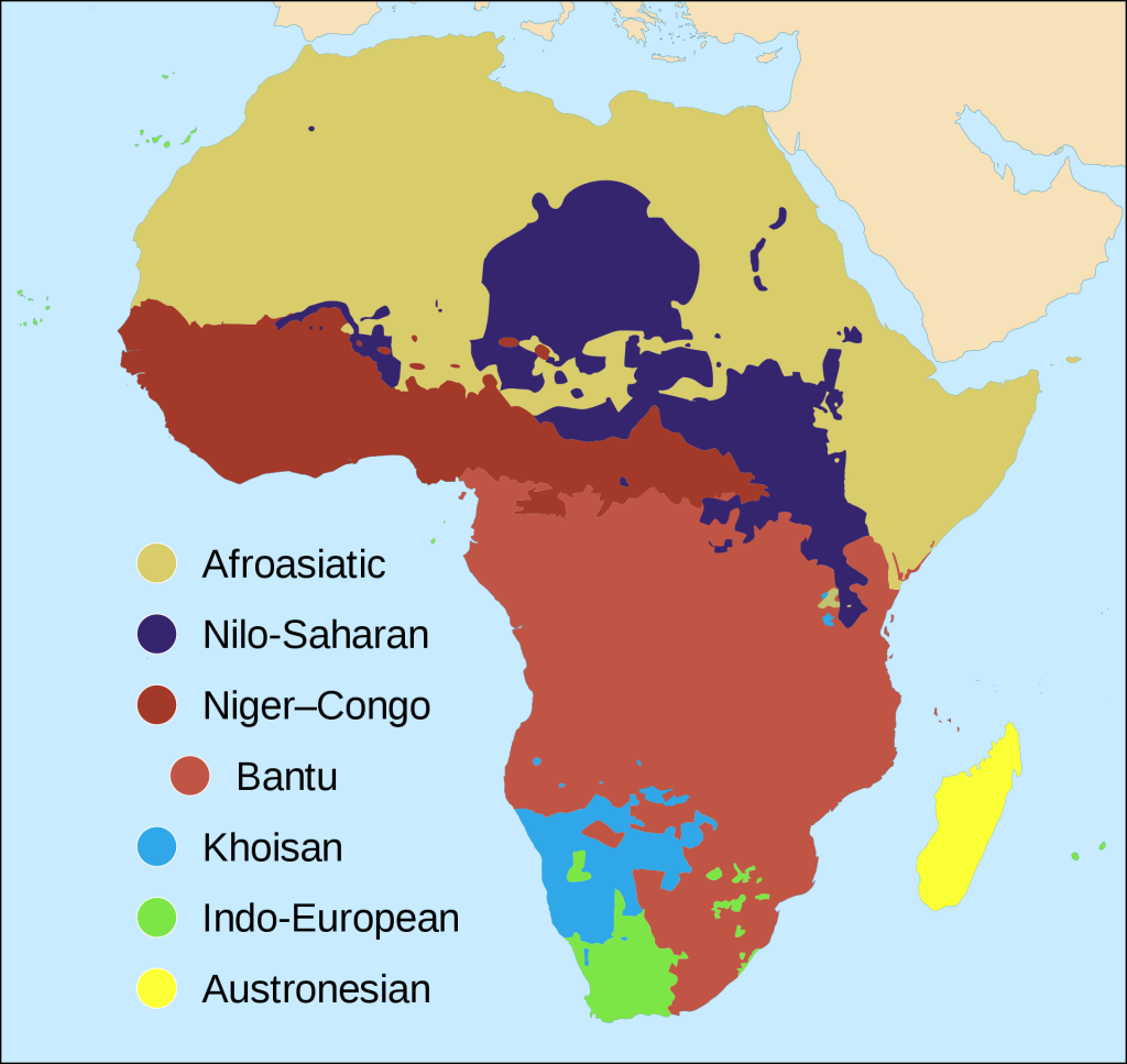 Map of Africa using color shading to show major language groups.