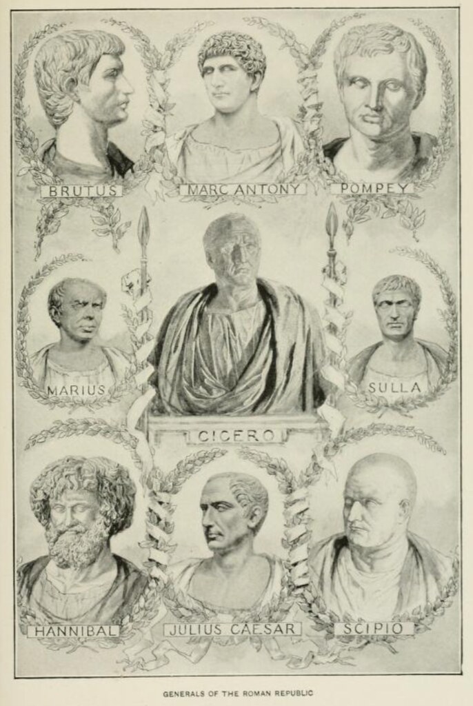 Poster showing the drawn images of 9 famous generals from ancient Roman era including: Cicero, Brutus, Marc Antony, Pompey, Sulla, Marius, Hannibal, Juilius Caesar and Scipio