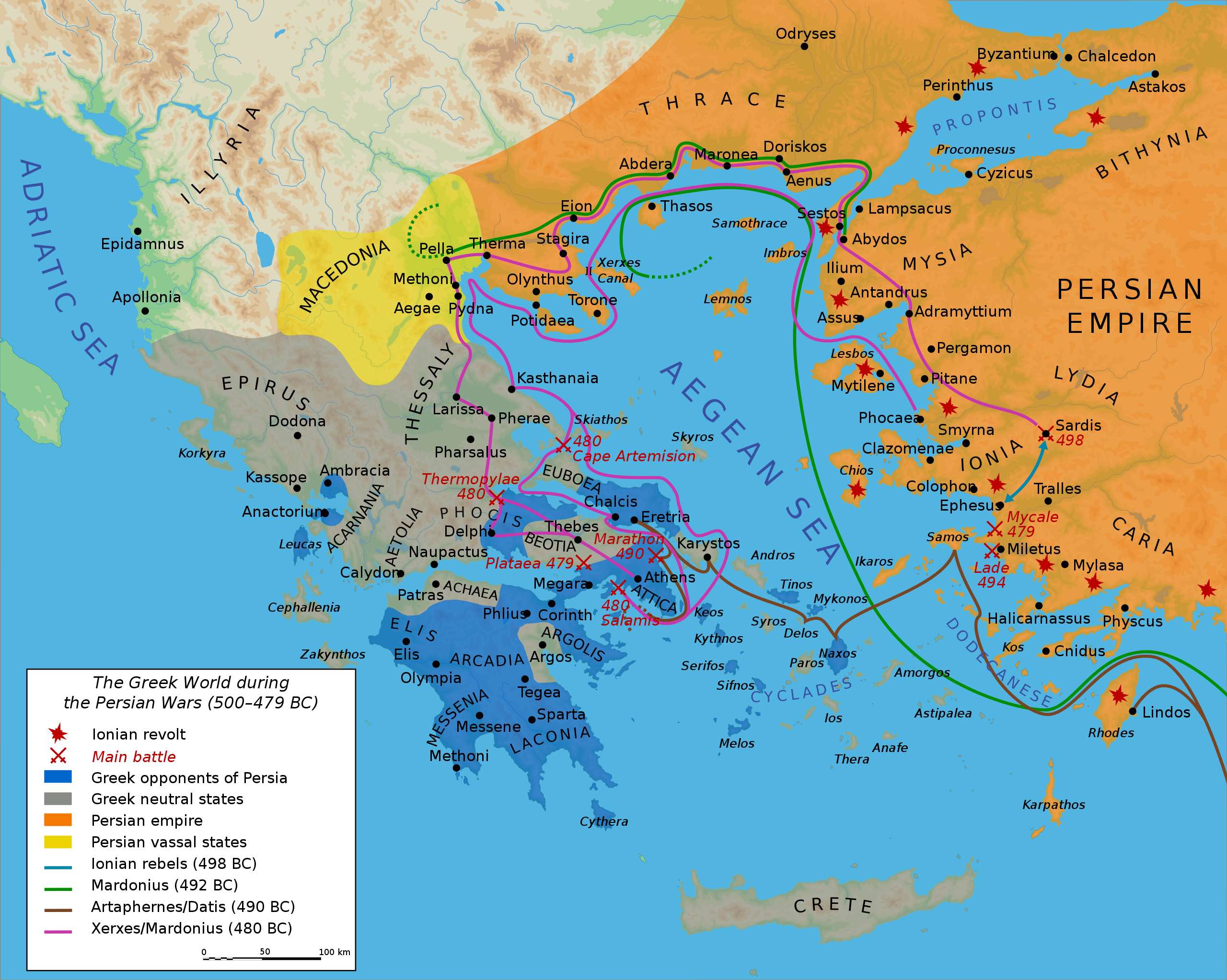 Map of ancient Greece with arrows and lines showing movement of different forces and sites of major battles. Color shading indicates the Persian and Greek allies in the war