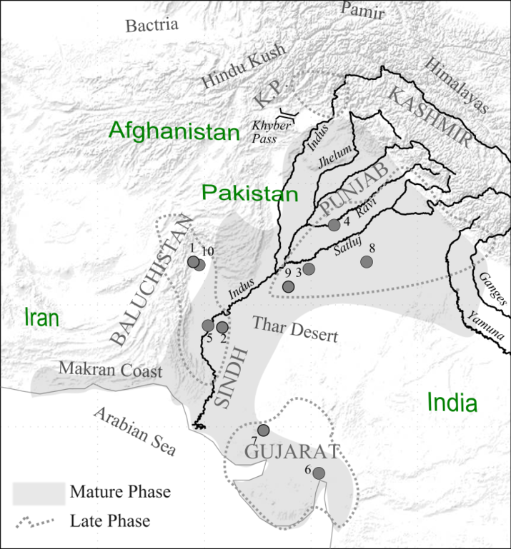 Map of the Indus Valley Civilization with major urban areas marked.