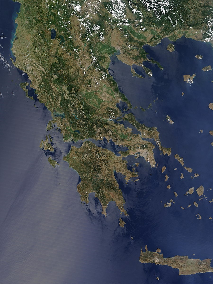 Satellite view of Greece. Very mountainous region and lots of coastline on the Mediterranean sea