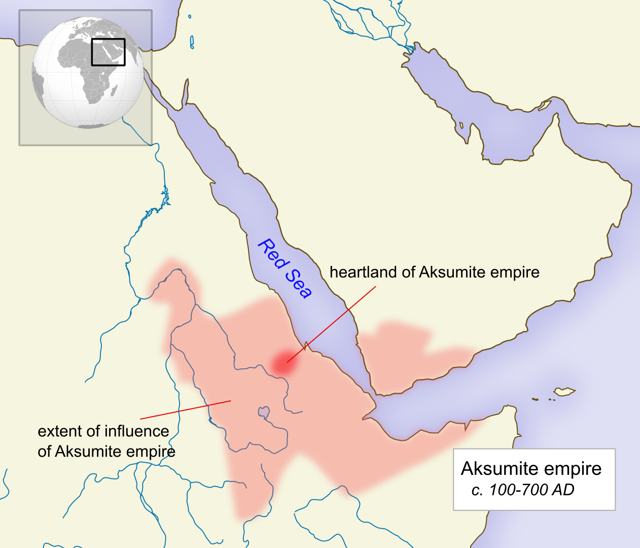 Map of East Africa showing extent of Aksumite empire control of parts of coastline of Africa near Red Sea, and corner of Arabian peninsula