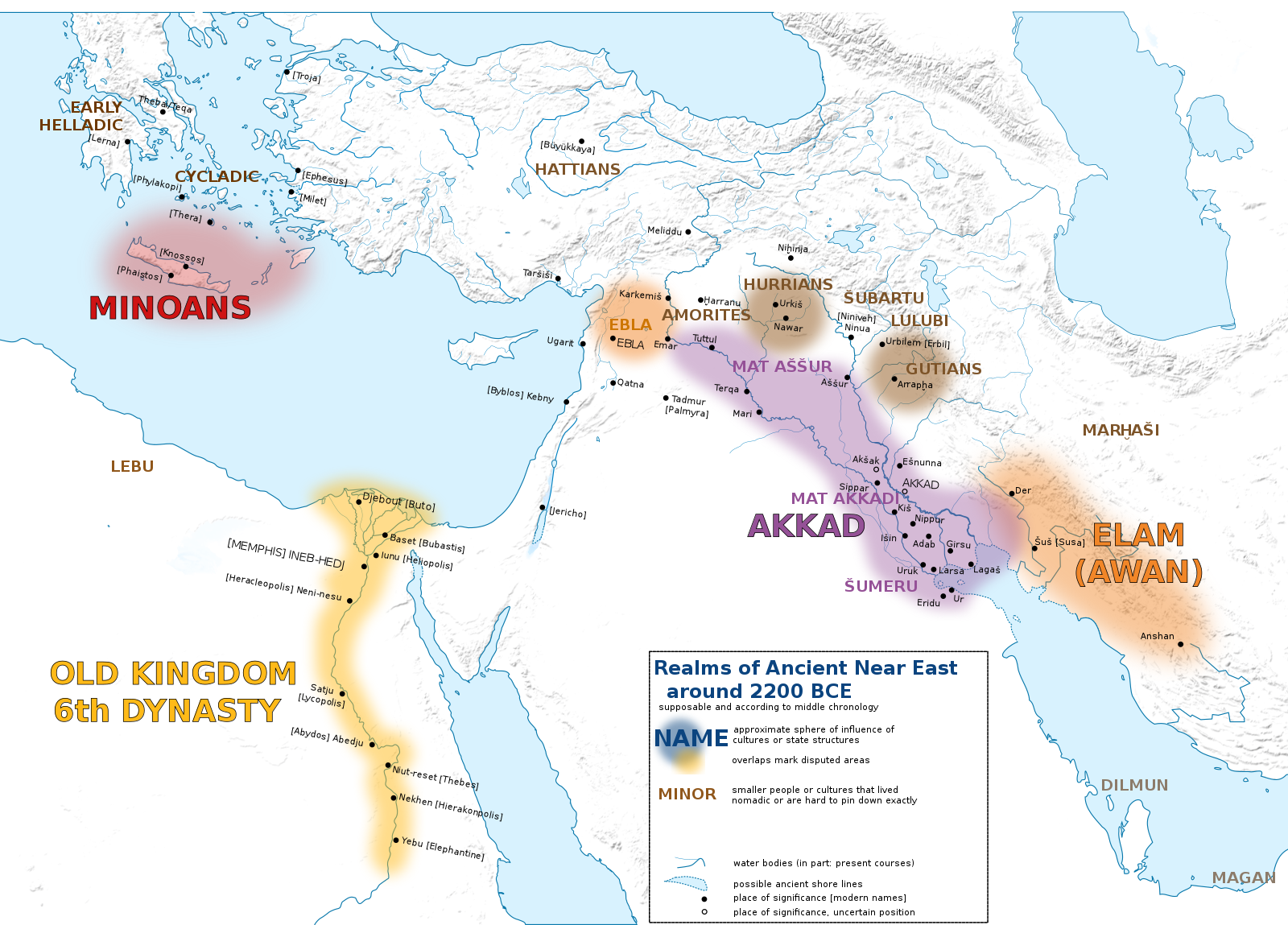 Map of the Near East, Southern Europe and Northern Africa, with shading colors showing the extent of the Egyptian Old Kingdom, the Minoan civilization, the Akkadian empire and Awan