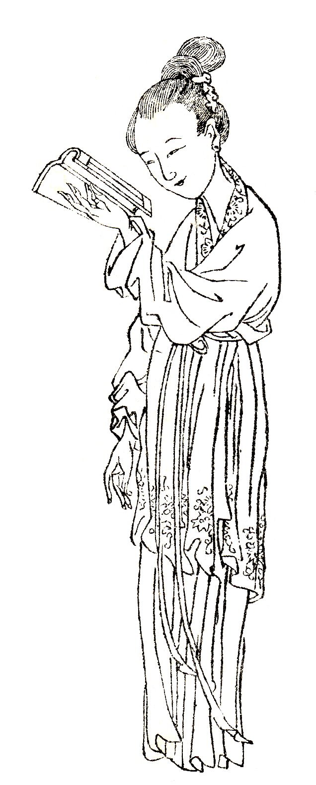 Black and white drawing of young Chinese woman reading a book and smiling