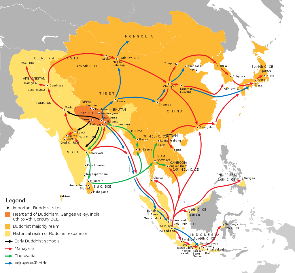 Map showing Asia and depicting where and when Buddhism spread to different regions with arrows and color shading