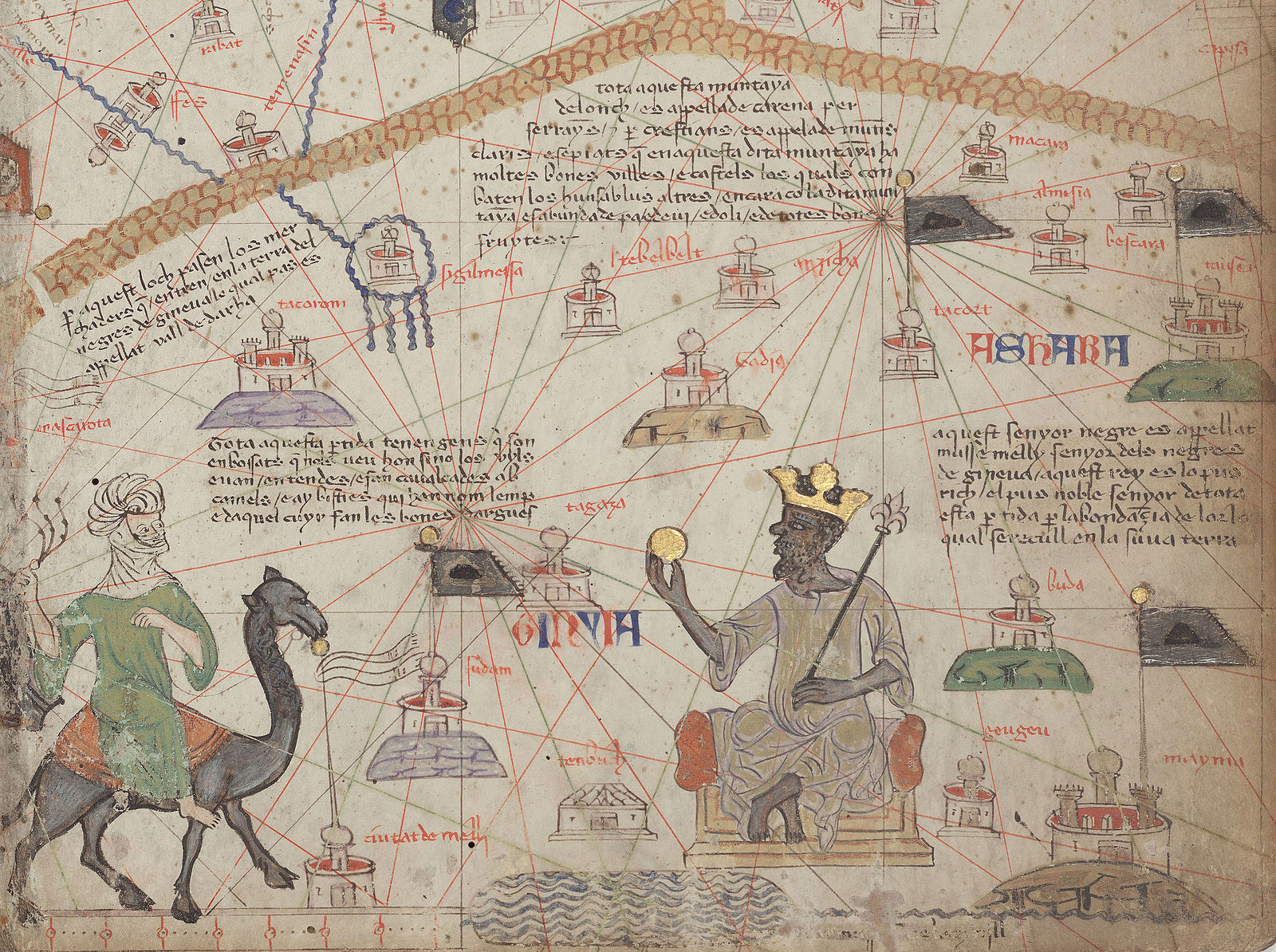 Ancient map showing images depicting West Africa including man on a camel and king sitting on throne holding large piece of gold