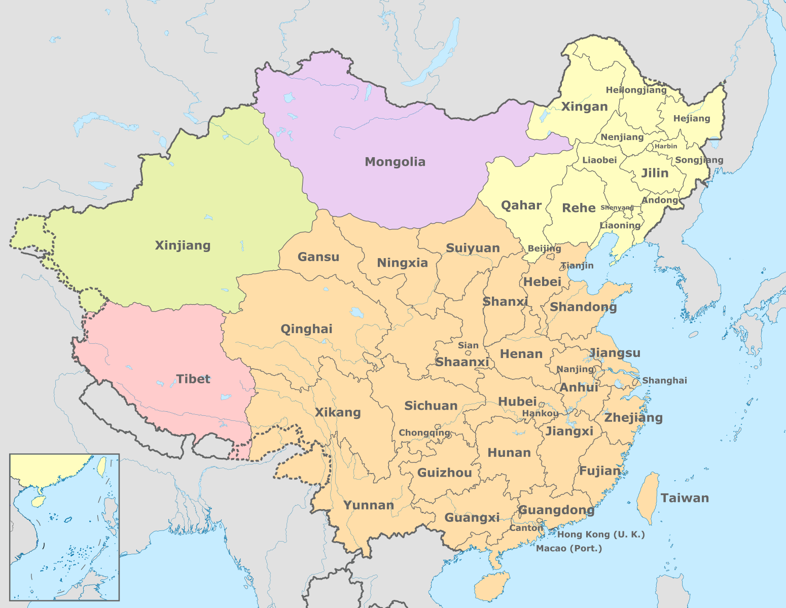 Map of China broken down into several provinces