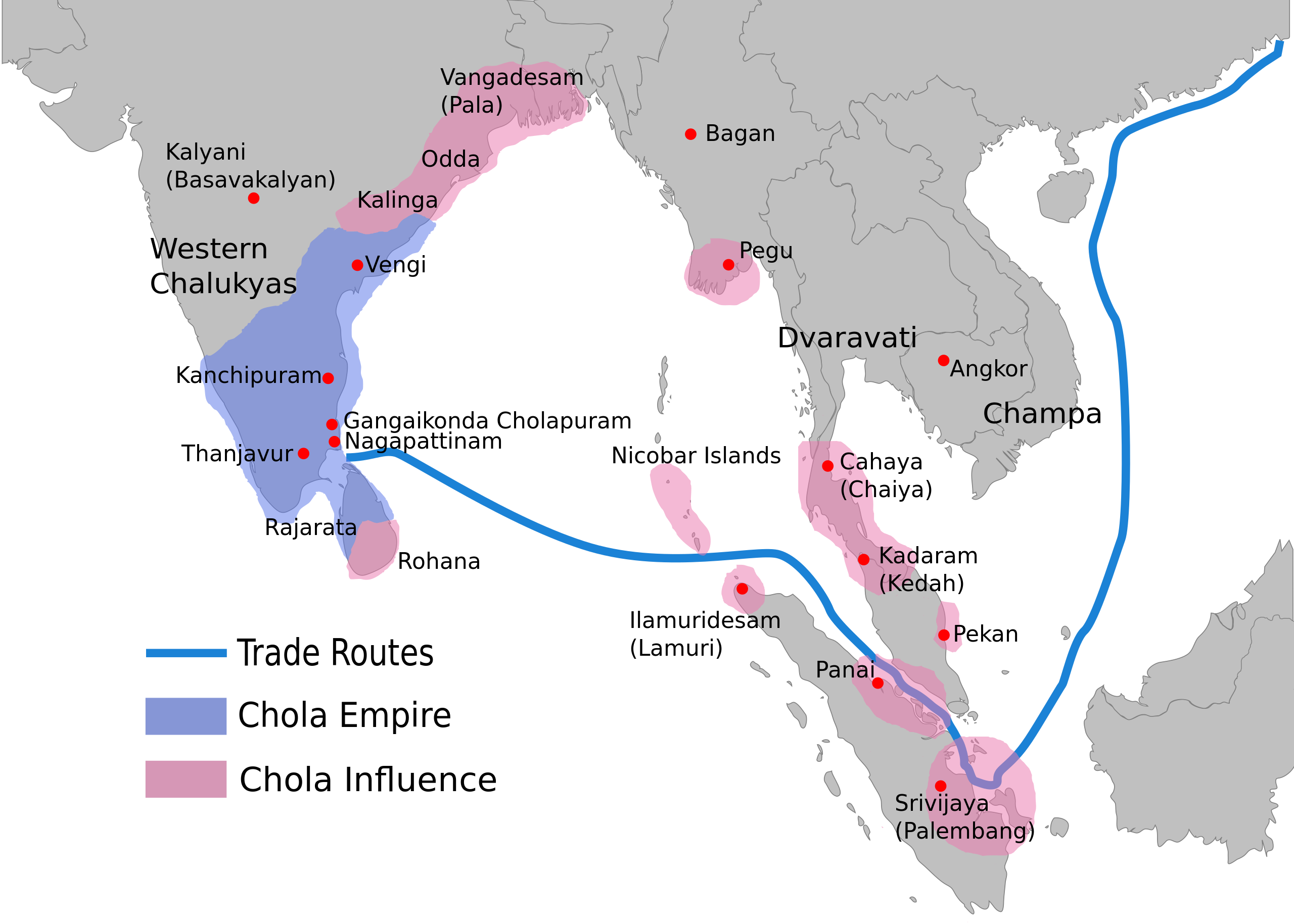 Map of India and Southeast Asia showing extent of Chola Empire, scope of Chola influence and trade routes