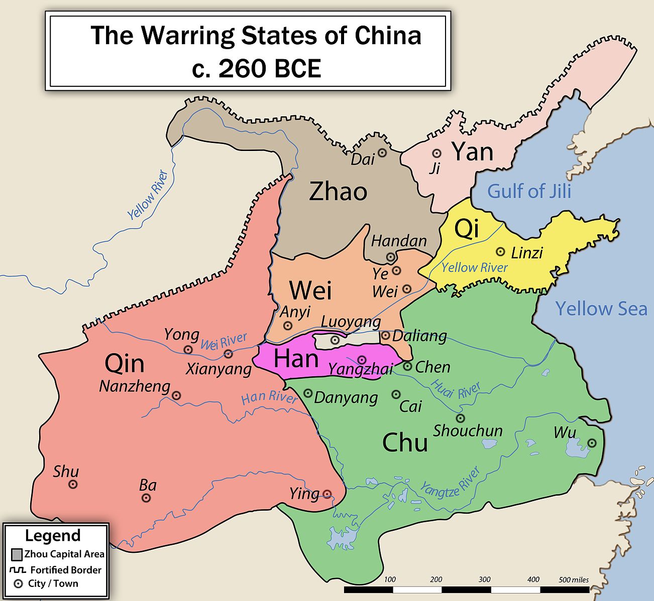 Map of China showing different states with drawn borders and shading, also showing where the Great Wall segments were located