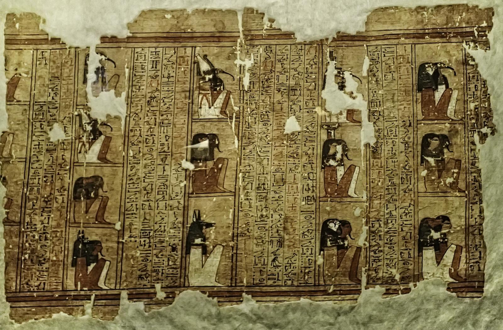 Portion of ancient papyrus scroll with some pieces missing and frayed edgies. Shows images of gods and humans, with hieroglyphic writing