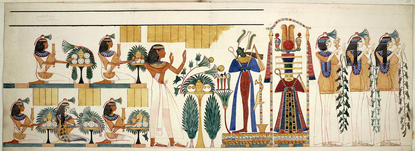Colorful painted depiction of several Egyptian figures kneeling with offerings, some standing, and priestly figures