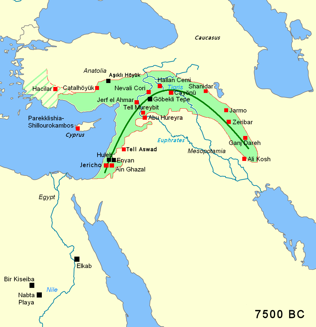 Map of ancient Near East showing locations of early settlements around Mediterranean and Tigris and Euphrates valleys