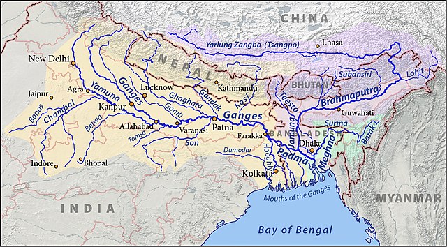 Map showing Northern India, depicting Ganges, Bramahputra and Meghna river basins.