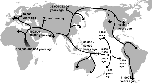 Map of the world with large arrows showing different migration movement paths, and approximate dates of those migrations