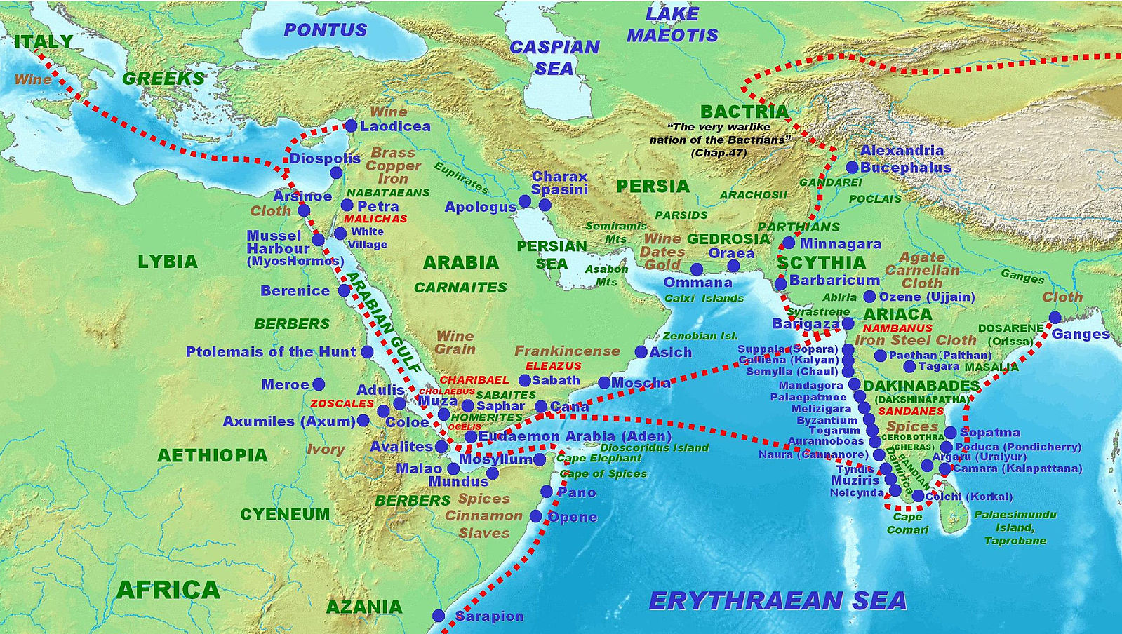 Map showing ancient trade routes via land and sea between Rome and Mediterranean and India, via the Indian Ocean