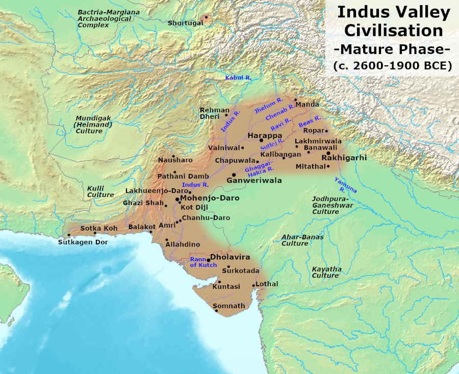 Map showing Northern India with brown shading indicating extent of Indus Valley Civilization and major cities indicated with dots.