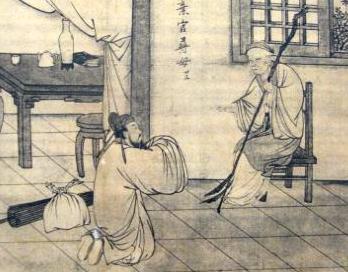 Small drawing showing older man seated with younger man kneeling before him